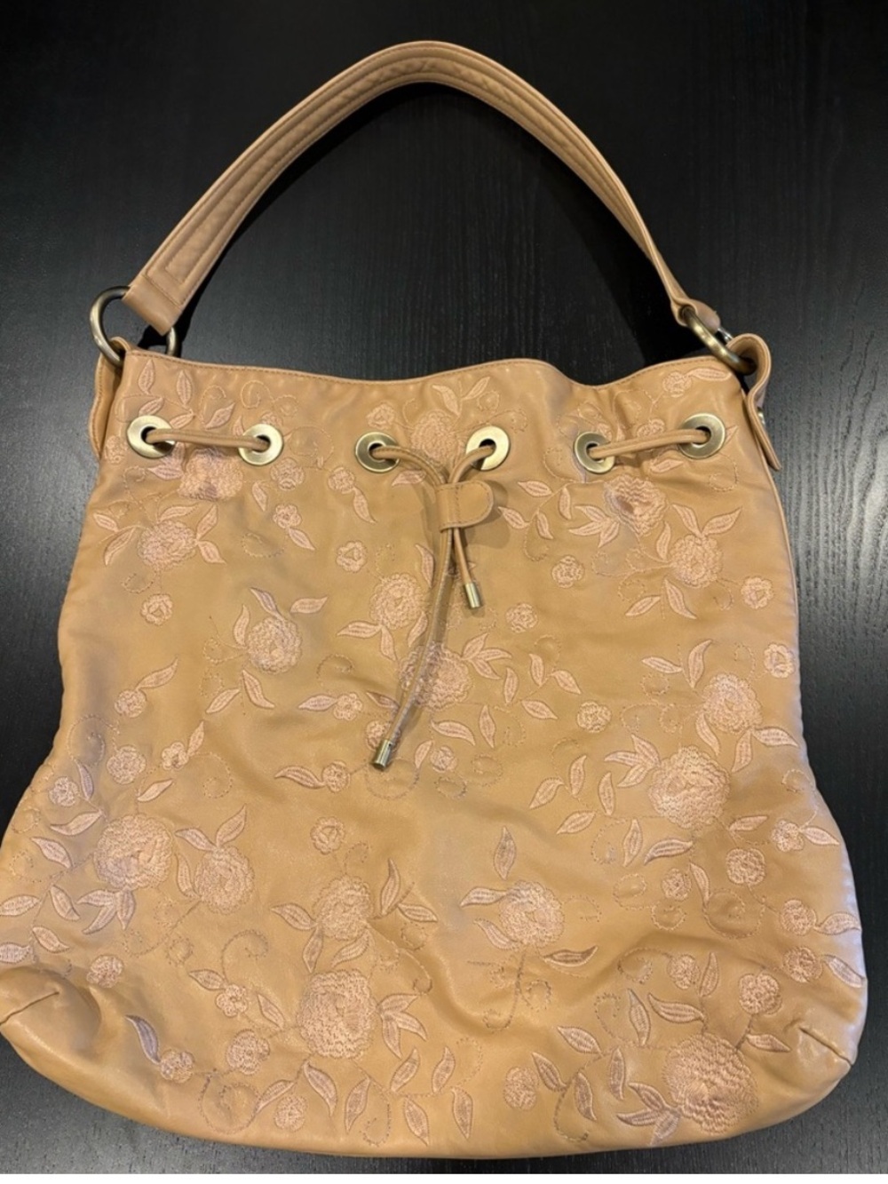Donald J. Pliner Embroidered Bucket Shoulder Bag Tan Leather Floral Boho